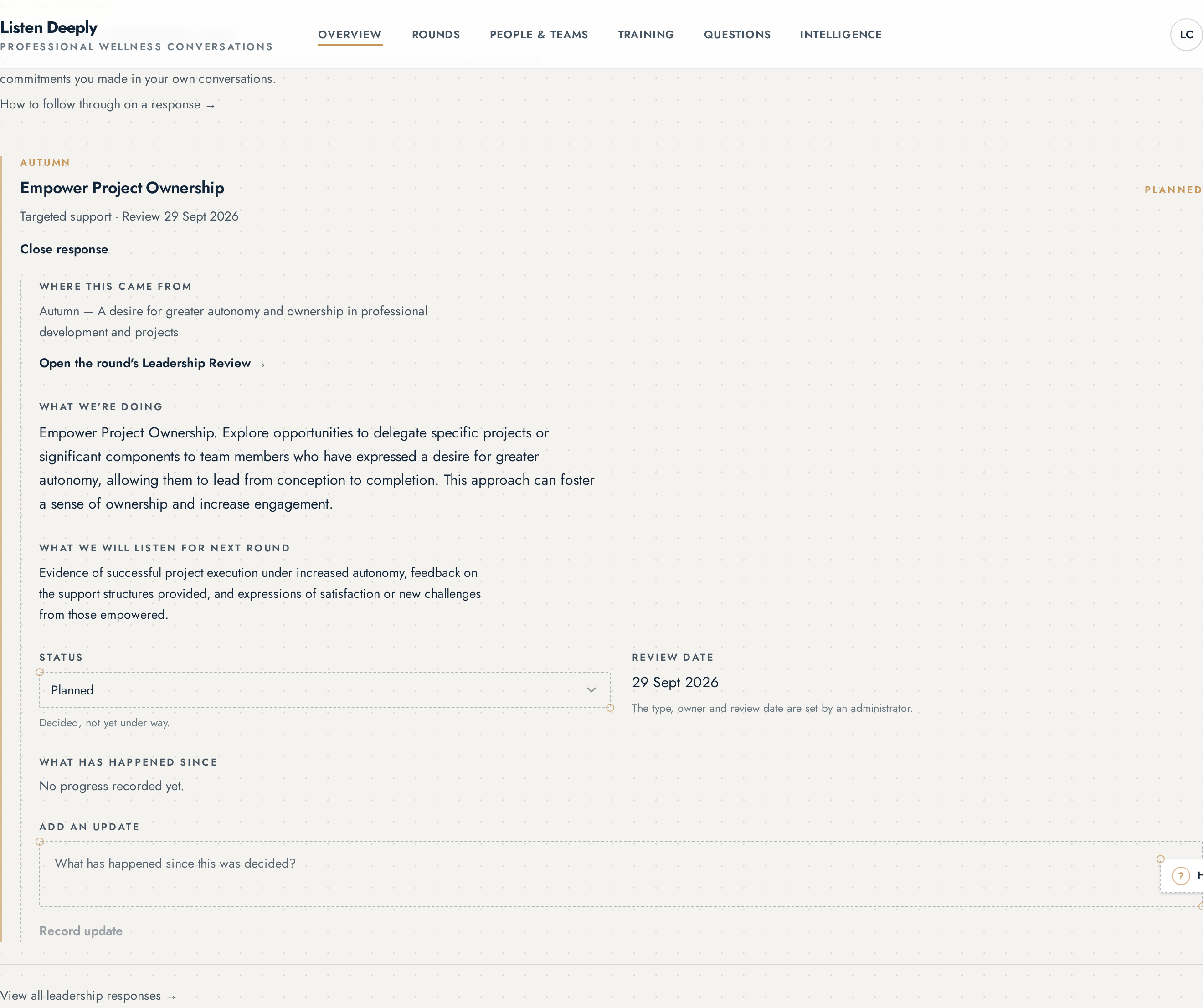 Overview showing an expanded leadership response with its progress history