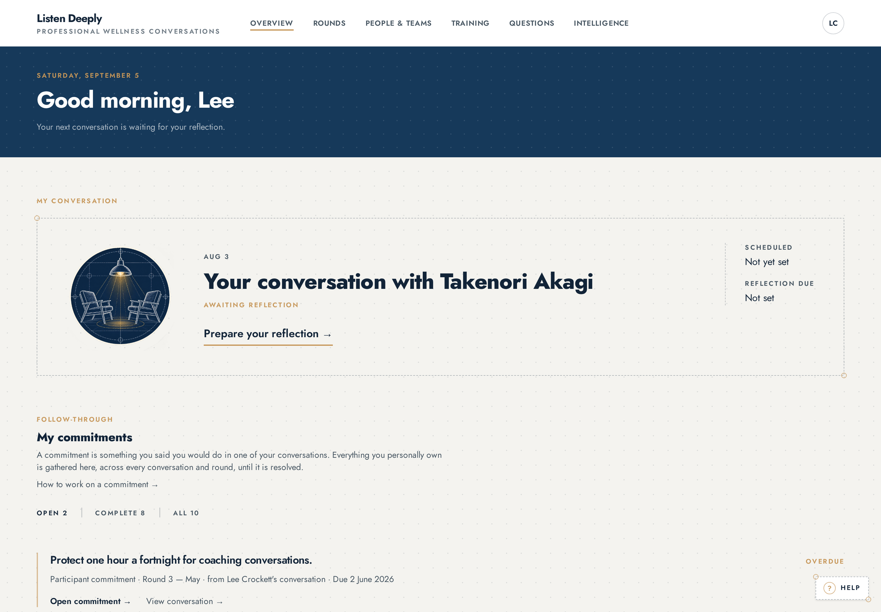Overview page showing the My commitments section with filter controls